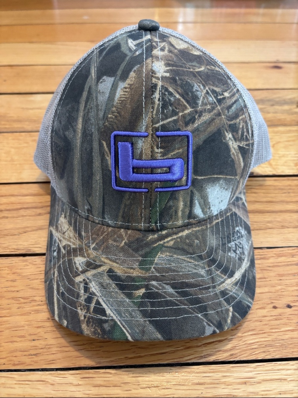 Banded Camo Trucker Hat with Purple Logo - Men’s Outdoor Cap